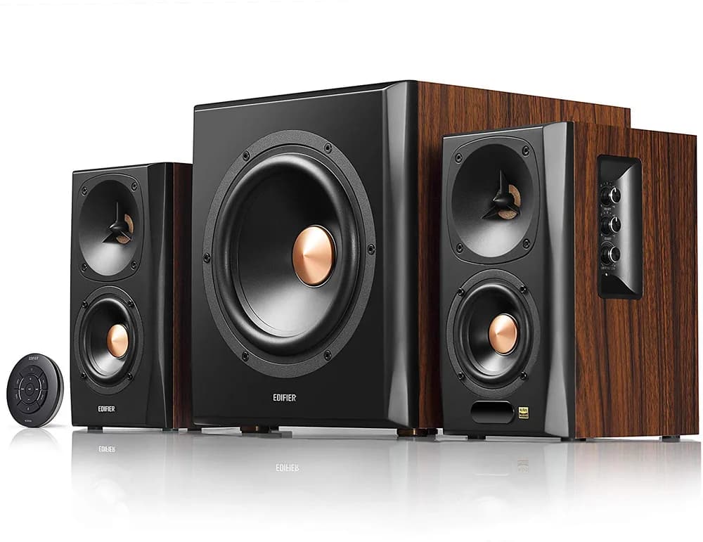 BOXE EDIFIER 2.1, RMS: 155W (2 x 10W, 2 x 30W, 1 x 75W), bluetooth, telecomanda wireless, woofer wireless, volum, bass, treble, optical, coaxial, brown, "S360DB"