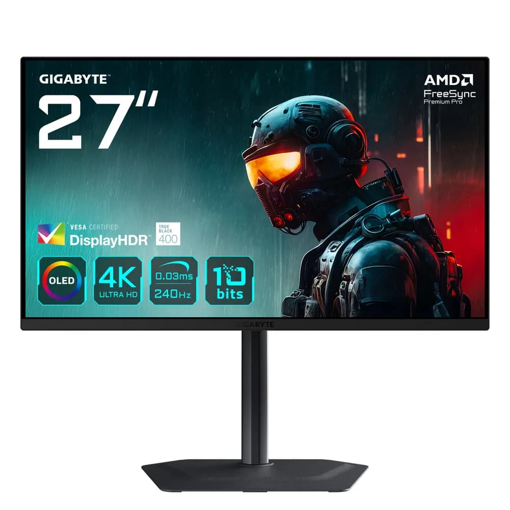 Monitor GIGABYTE MO27U2, QD-OLED, 27 inch, UHD, 3840 x 2160, HDMI, Displayport, Boxe, Pivot, 240 Hz, 0.03 ms, Negru "MO27U2"