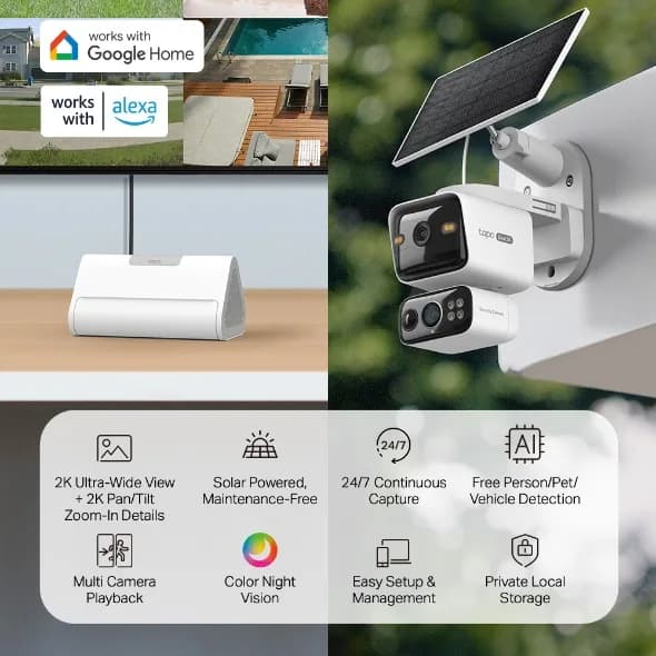 KIT CAMERA IP Exterior TP-Link, 2x camere dual lens 2K solar pan/tilt + CentralHub H500 (stocare locala 16GB, extensibila pana la 16TB), WiFi 2.4/5GHz, IP65, "Tapo HB410" — miniatură