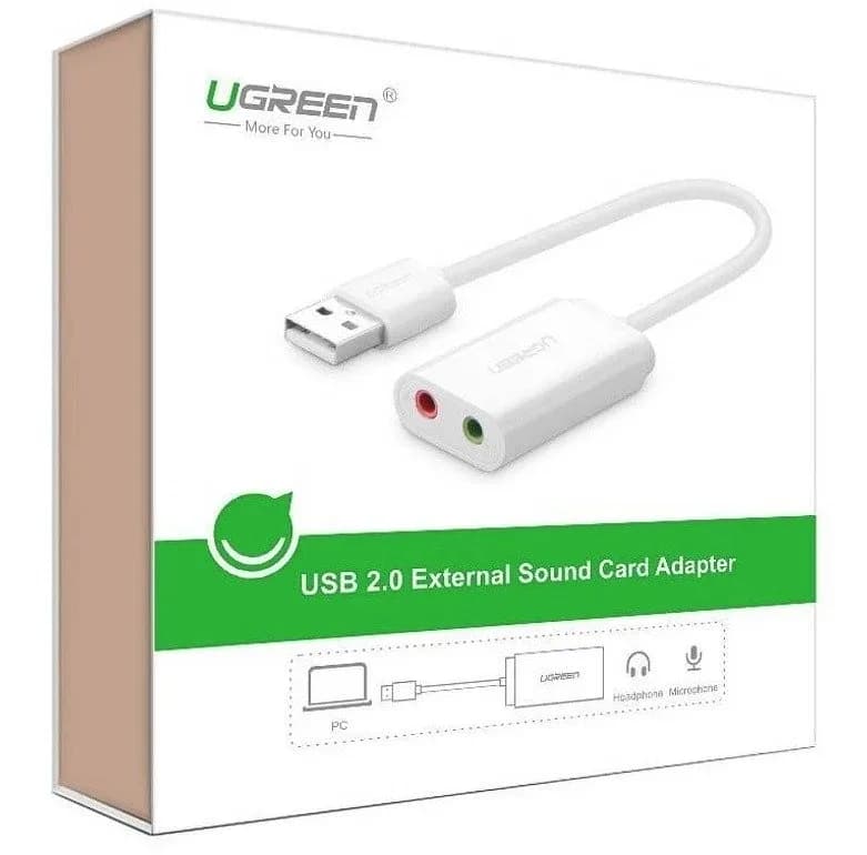 PLACA de SUNET Ugreen, "US205" extern, interfata USB 2.0, conectori 2 x jack 3.5 mm, alb "30143" - 6957303831432 — miniatură