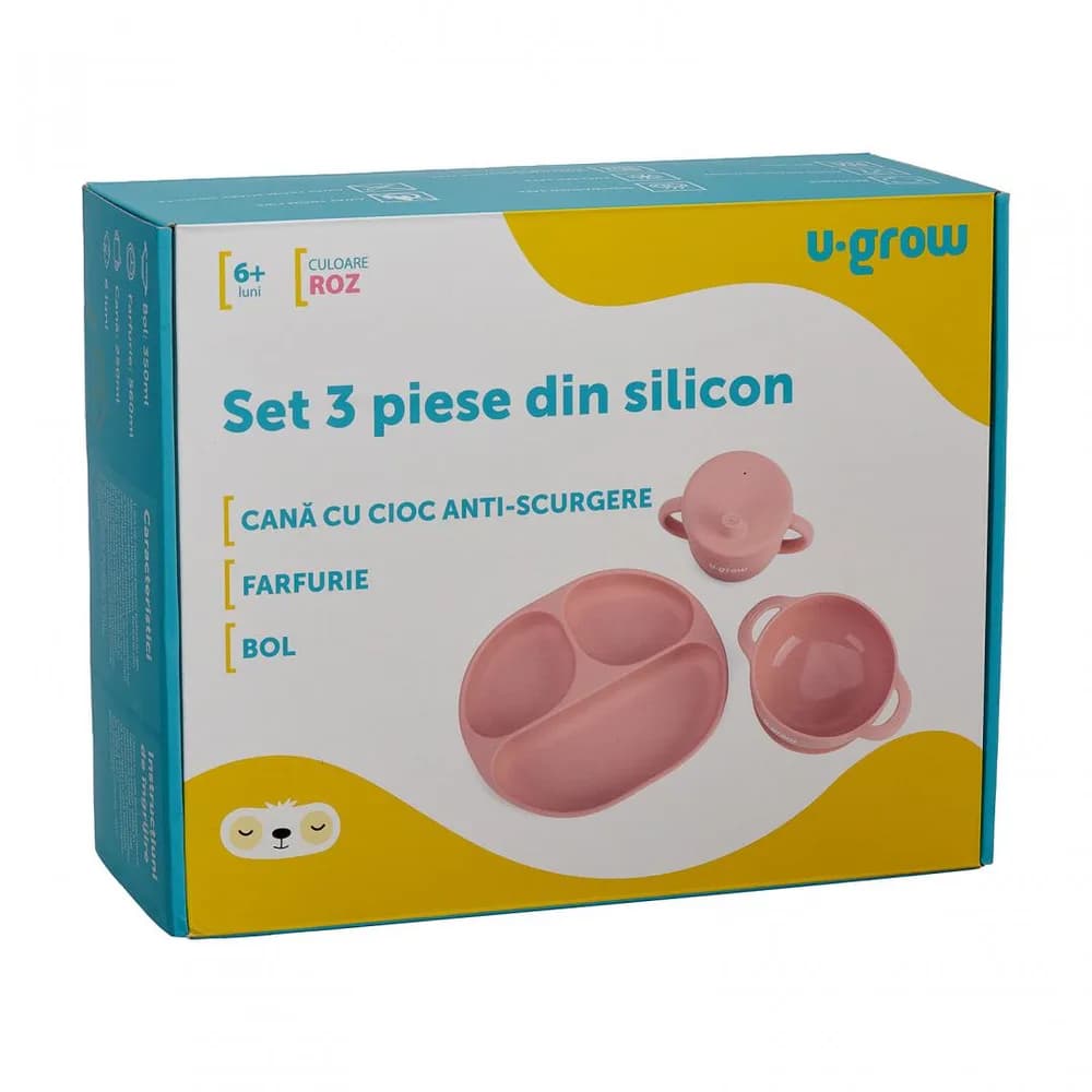 Set diversificare 3 piese silicon : bol, farfurie si cana cu cioc, roz, U-Grow — miniatură
