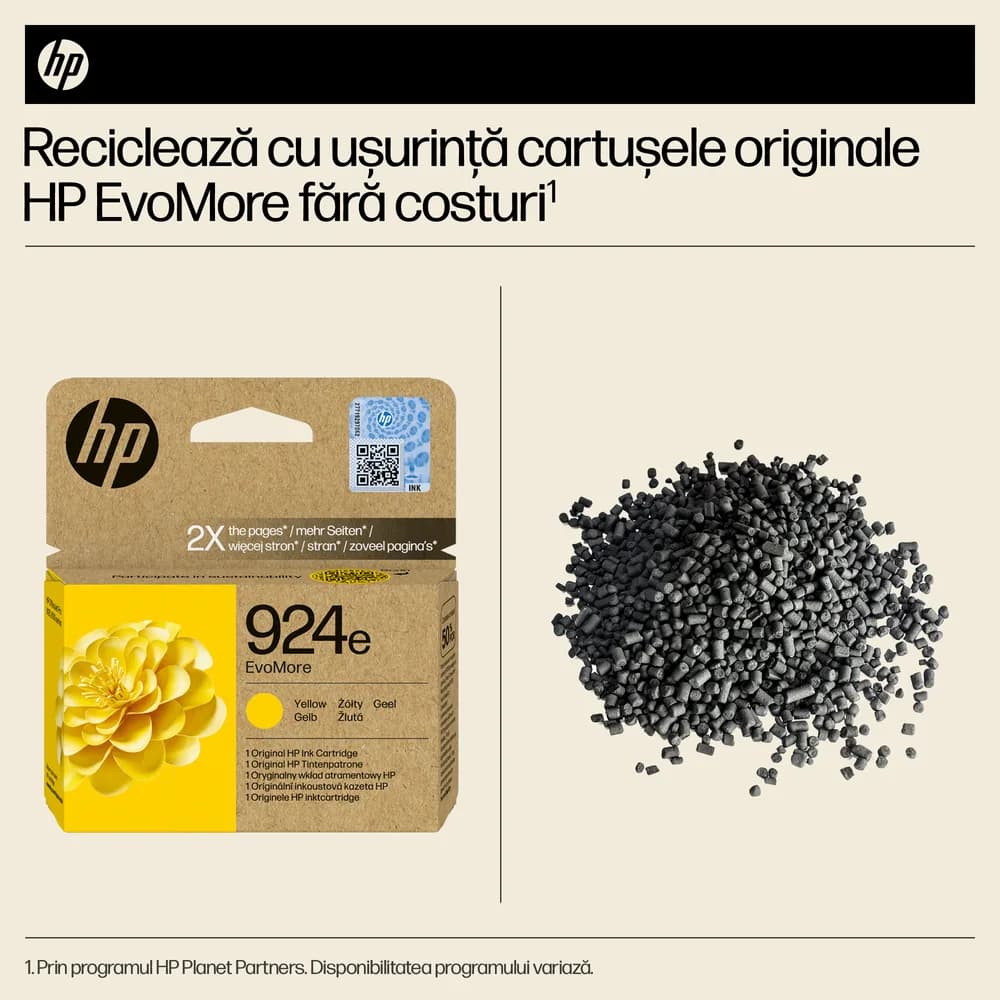 Cartus Cerneala Original HP Yellow, nr.924E, pentru OJ Pro 8122e|8132e, 0.8K, incl.TV 1.2 RON, "4K0U9NE" — miniatură