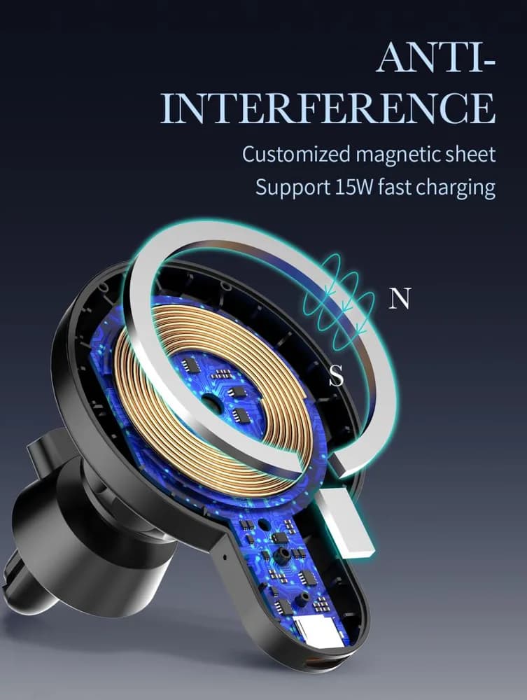 Suport Auto Telefon Serioux, cu incarcare Wireless 15W, compatibil MagSafe, prindere grila ventilatie, Intrare: 5V=2A 9V=2A, Ieșire: 5W 7.5W 10W 15W(Max), Dimensiuni: 61*84*71mm — miniatură