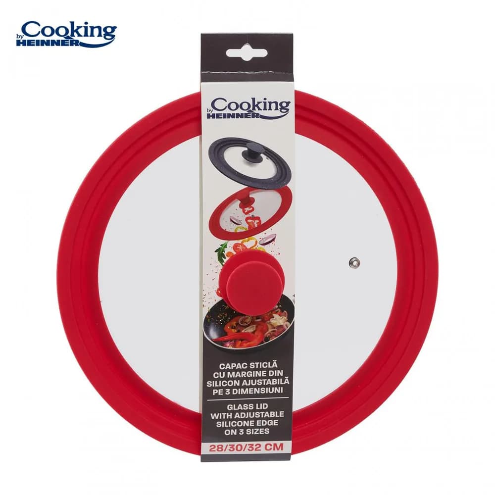CAPAC STICLA CU MARGINE DIN SILICON AJUSTABILA PE 3 DIMENSIUNI 28/30/32 CM, ROSU, COOKING BY HEINNER — miniatură