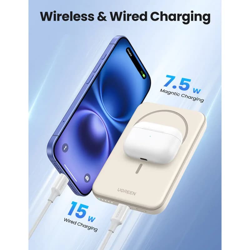 POWER BANK Ugreen "PB560", 5000mAh, 15W, prindere magnetica Iphone 12 and later, 1 x USB Type-C input/output, bej, "25207" - 6941876222070 — miniatură
