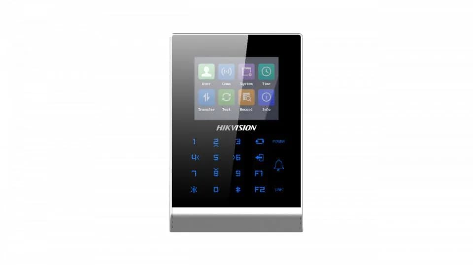 Cititor control access standalone Hikvision Pro Series DS-K1T105AE, capacitate carduri EM: 100000, capacitate evenimente: 300000, distanta citire card: 0 la 5 cm, suporta RS-485 and Wiegand (26/34), ecran LCD 2.8 inch, suporta ISUP protocol, comunicare via wired network (TCP/TP) si Wi-Fi