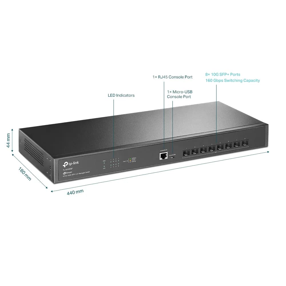 SWITCH TP-LINK 8 porturi JetStream 8-Port 10GE SFP+ L2+ Managed Switch. carcasa metalica "TL-SX3008F" — miniatură