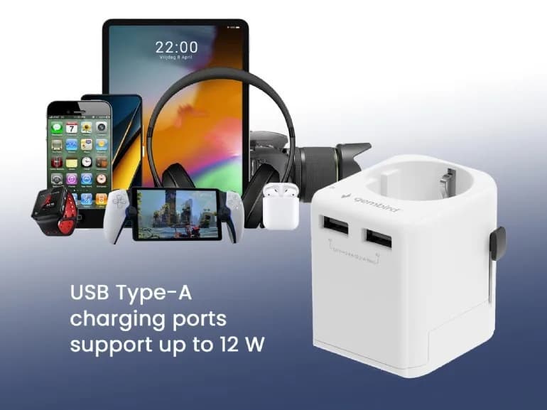 ADAPTOR GEMBIRD, universal, EU la conectori: US/UK/CN/AU, cu impamantare, 1x Schuko, 2x USB-A 12W, siguranta 10A, max. 2500W, alb, "TPA-EU2A12-01-W" — miniatură
