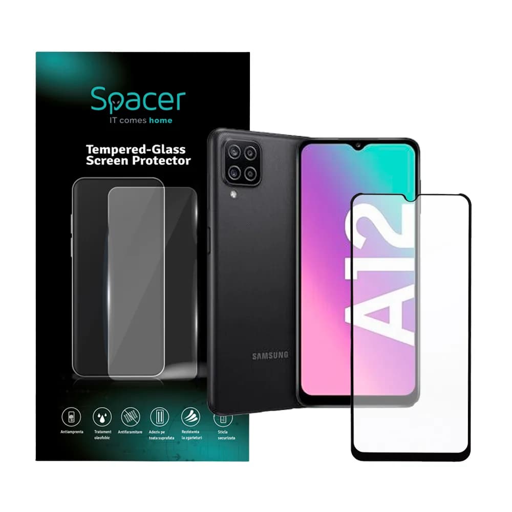 FOLIE STICLA Spacer pentru Samsung Galaxy A12, grosime 0.3mm, acoperire totala ecran, strat special anti-ulei si anti-amprenta, Tempered Glass, sticla 9D, duritate 9H "SPPG-SM-GX-A12-TG"
