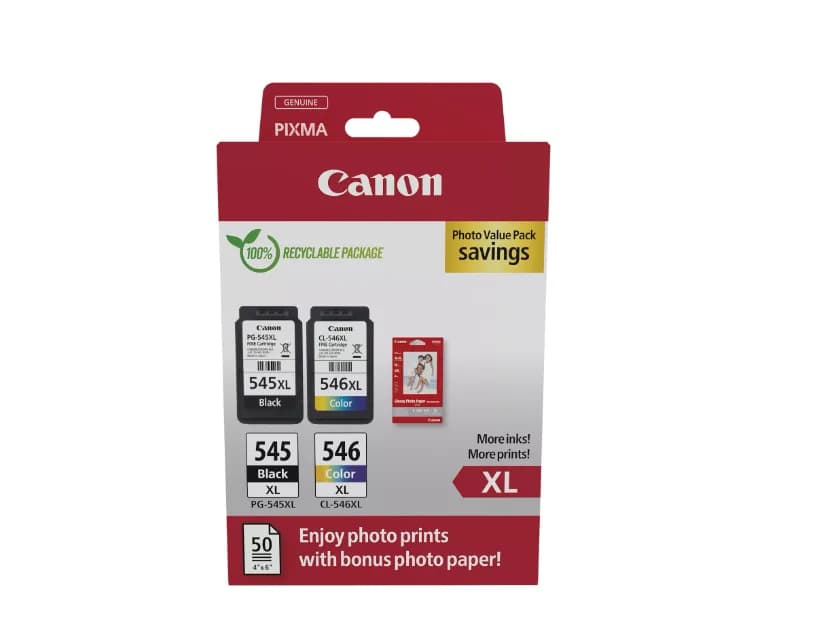 Canon pachet cartuse cearneala PG-545XL/CL-546XL Photo value pack, capacitate negru: 400 pagini/13ml, Color: 300 pagini / 15ml, Compatibil cu: PIXMA 2550S, PIXMA IP2850, PIXMA MG2450, PIXMA MG2550, PIXMA MG2950, PIXMA MG3050, PIXMA MG3051, PIXMA MG3052, PIXMA MG3053, PIXMA MX495, PIXMA TR4550, PIXMA