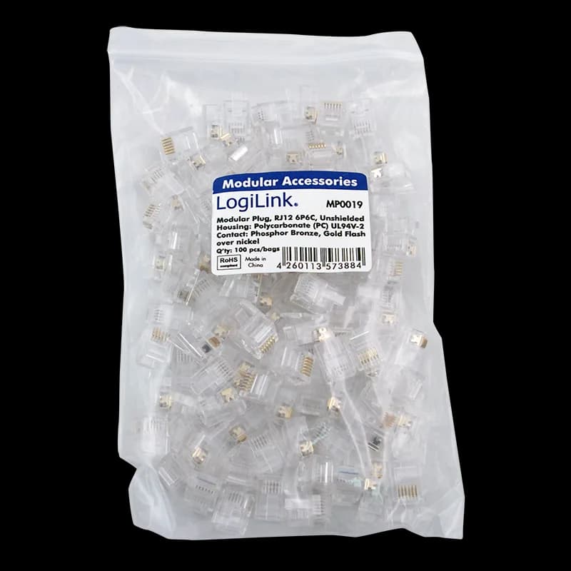 MUFA RJ-45 LOGILINK pt. cablu flat, Cat5e, RJ-45 (T), neecranat, plastic, contacte aurite, 100 buc, "MP0019" — miniatură
