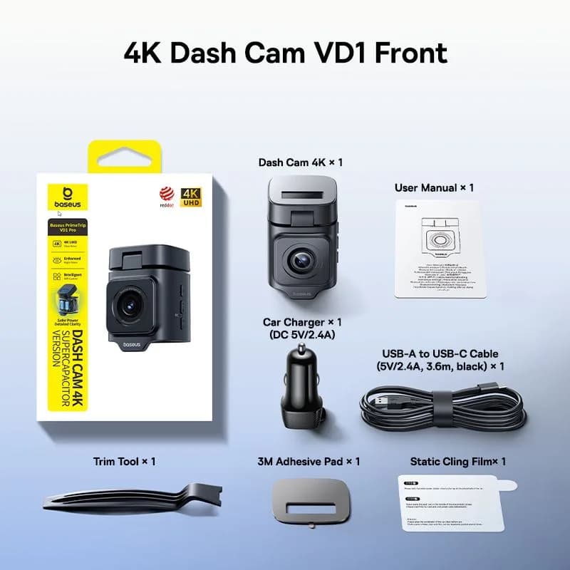 CAMERA DASHCAM Baseus PrimeTrip VD1 Pro, 4K 1080P, acumulator integrat Incarcare solara, unghi pana la 170 grade, negru "C0119804" - 6942521200252 — miniatură