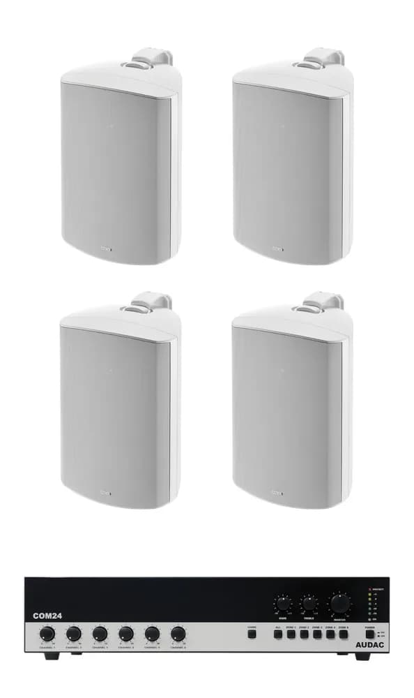 Pachet Sonorizare Terasa 240W pe 100V cu amplif. AUDAC COM24MK2 si 4x boxe Focal 100 OD6-T alb - TG26