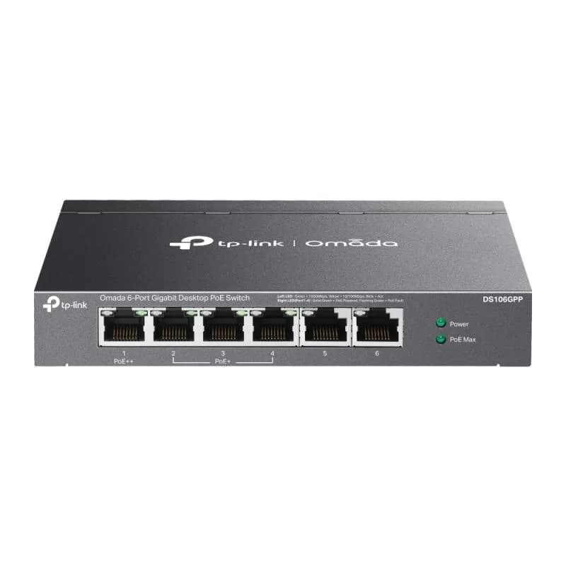 Omada 6-Port Gigabit Desktop Switch with 3-Port PoE+ and 1-Port PoE++ PORT: 1× Gigabit PoE++ Port, 3× Gigabit PoE+ Ports, 2x Gigabit Non-PoE Ports SPEC: 802.3af/at/bt type3, 64 W PoE Power, Desktop Steel Case FEATURE: Extend Mode for 250m PoE Transmitting for Port1-2, PoE Auto Recovery for Port1-4