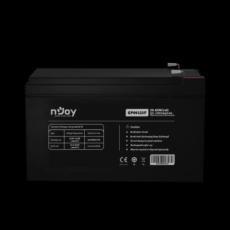 ACUMULATOR NJOY GP09122F 12V Tip VRLA AGM Terminale F2 Durata teoretica de viata in mod asteptare pana la 5 ani Cycle Use 14.4V-15.0V (-30mV/C), max. Current: 2.7A Float Use 13.5-13.8V (-20 mV/C) https://www.njoy.global/product/gp09122f?el=resources — miniatură