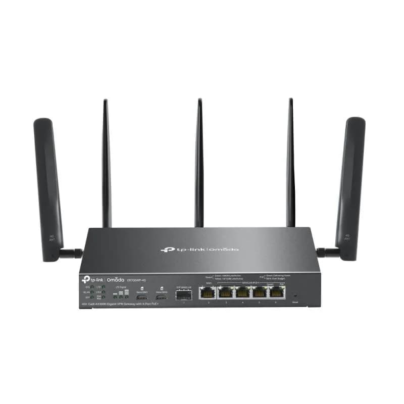 Omada 4G+ Cat6 AX3000 Gigabit VPN Gateway with 4-Port PoE+ PORT: 1× Gigabit SFP WAN/LAN Port, 1× Gigabit RJ45 WAN Port, 4× Gigabit WAN/LAN RJ45 Ports, 2 Nano SIM slot (4G+ Cat6) SPEC: 802.3 at/af, 4 Ports with 45W PoE Power, Desktop & Wall-mount Steel Case SPEED: 574Mbps at 2.4 GHz + 2402 Mbps at 5