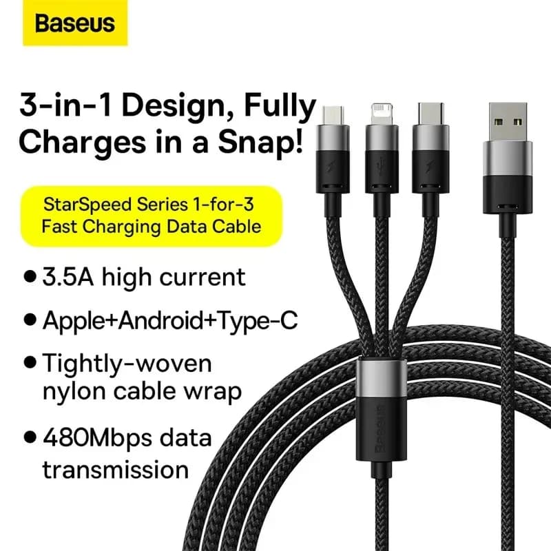 CABLU alimentare si date Baseus StarSpeed 1-for-3, pt. smartphone, USB la Micro-USB + Lightning Iphone + USB Type-C, 1.2m, negru "CAXS000001" - 6932172622268