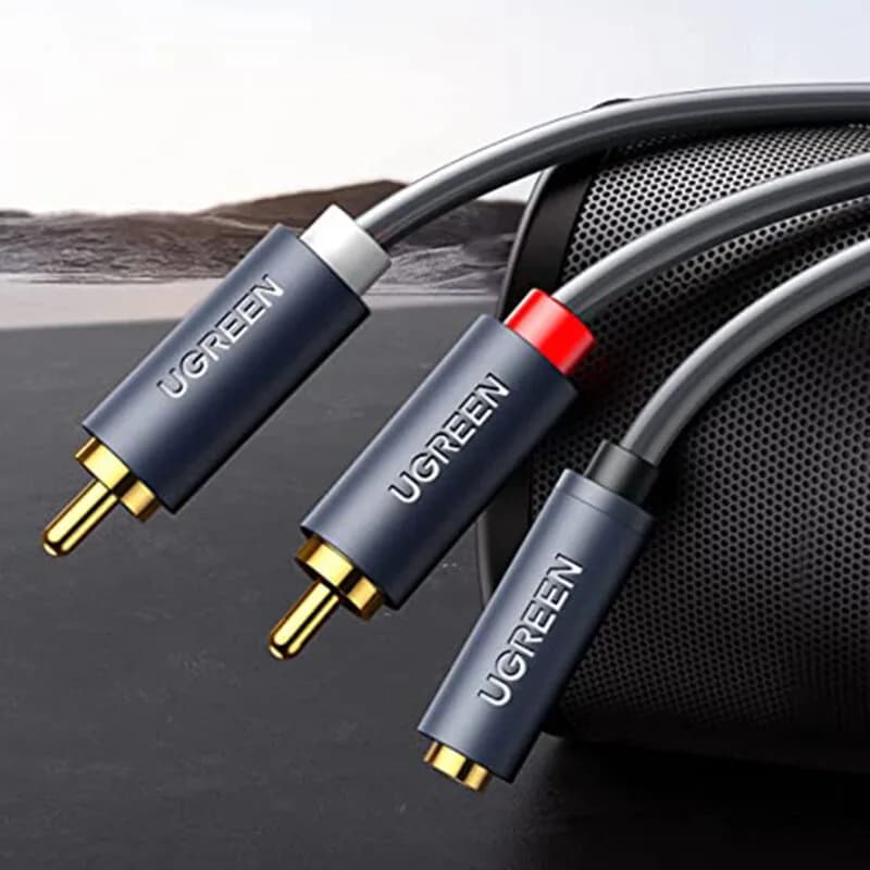 CABLU audio Ugreen, "AV102" stereo 3.5 mm jack (M) la 2 x RCA (T), 1m, conectori auriti, gri "10588" - 6957303815883 — miniatură
