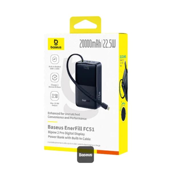 POWER BANK Baseus EnerFill FC51 Bipow2 Pro, 20000mAh, 22.5W, 1 x USB Type-C, 1 x USB, cablu integrat USB Type-C 22cm, negru, "E0027701" - 6932172691899 — miniatură