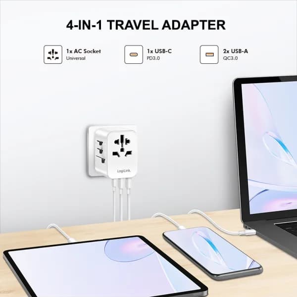 ALIMENTATOR retea 220V LOGILINK, universal, 1 x USB-C, 2 x USB-A, maxim 12V/1.67A, PD 20W, suport OCP/OVP/OHP/SCP, compatibil EU/AUS/US/UK, alb, "PA0356" — miniatură