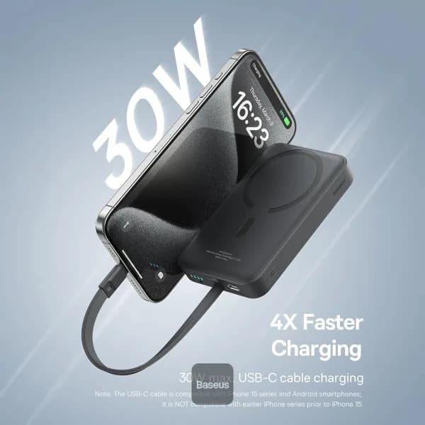 POWER BANK Baseus Magnetic Mini Wireless, 10000mAh, 30W, 2 x USB Type-C output/input, 15W wireless charging, cablu integrat USB Type-C, negru, "P1002210B113-00" - 6932172642785 — miniatură
