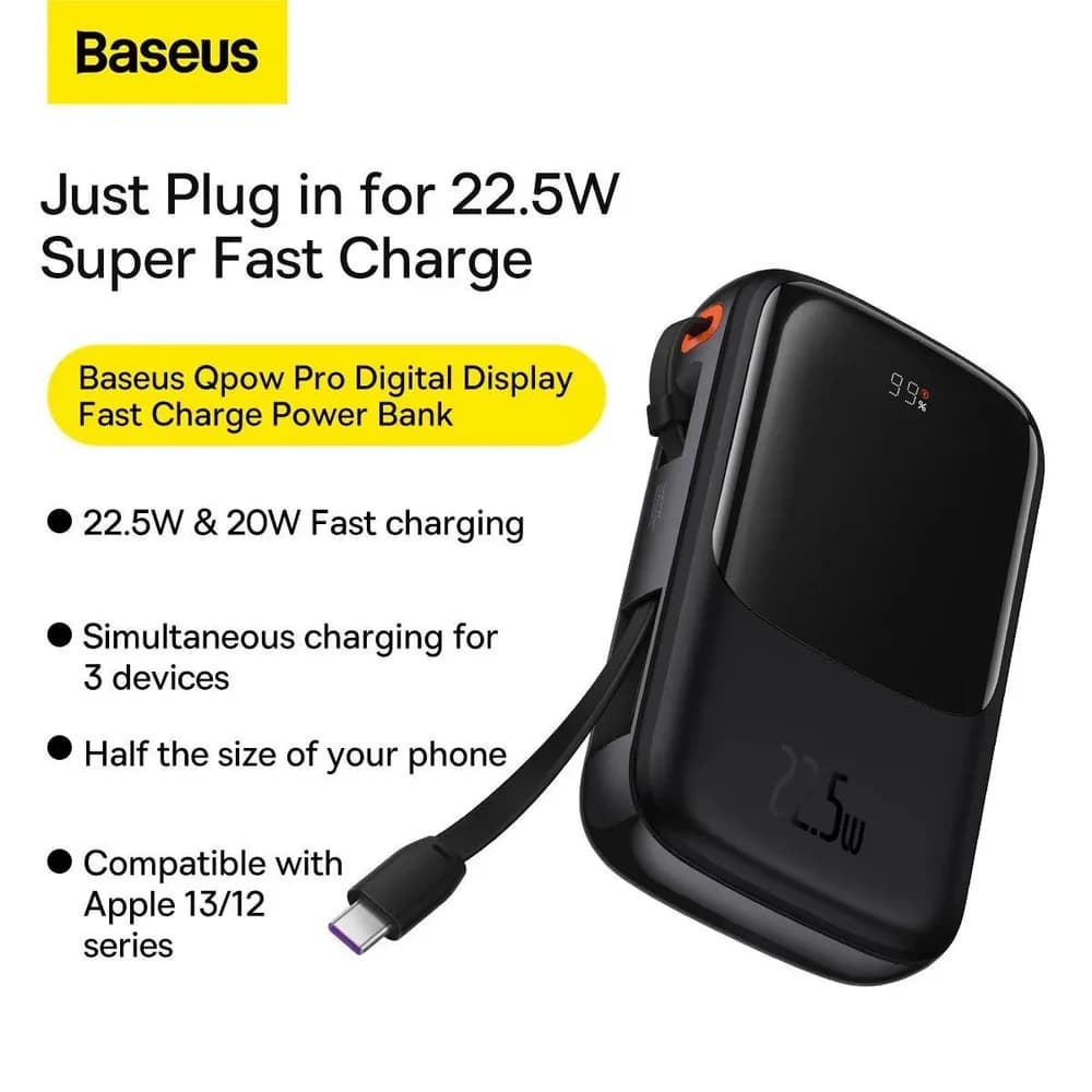 POWER BANK Baseus Qpow Pro Digital Display, 10000mAh, 22.5W, 1 x cablu integrat USB Type-C output/input, 1 x USB, 1 x Lightning, negru, "PPQD020101" - 6932172608484