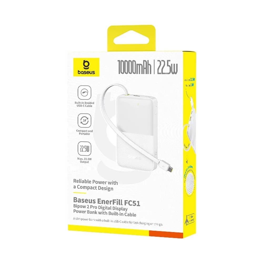 POWER BANK Baseus EnerFill FC51 Bipow2 Pro, 10000mAh, 22.5W, 1 x USB Type-C, 1 x USB, cablu integrat USB Type-C 22cm, alb, "E0027601" - 6932172691868 — miniatură