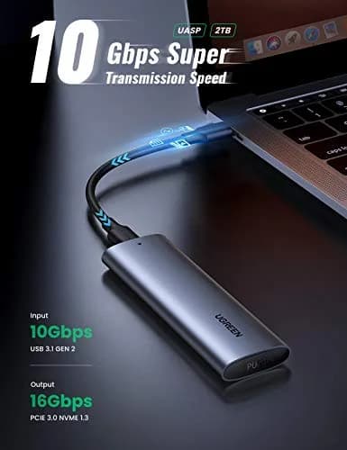 RACK extern Ugreen, "CM400" pt SSD M.2 NVMe/PCIE compatibile cu form factor 2280, 2260, 2242 si 2230, cablu 50 cm USB-C la USB-C, 10Gbps, aluminiu, gri "10902" - 6957303819027 — miniatură