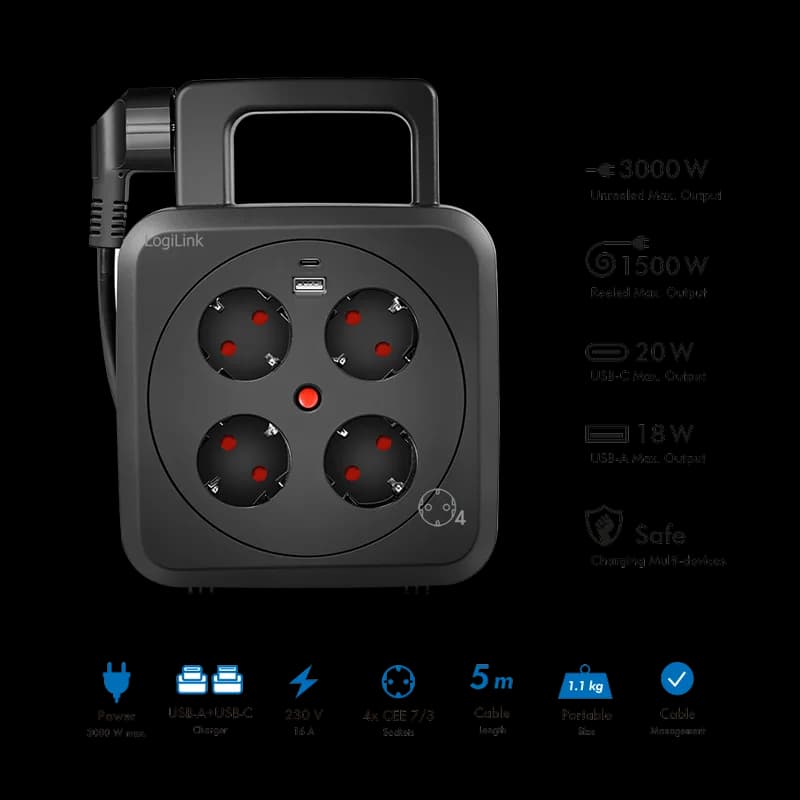 PRELUNGITOR LOGILINK, Schuko x 4, conectare prin Schuko (T), 16 A, 1xUSB-A, 1xUSB-C, comutator oprire termica, cablu 5m tip bobina, protectie IP20, negru, "LPS504" — miniatură