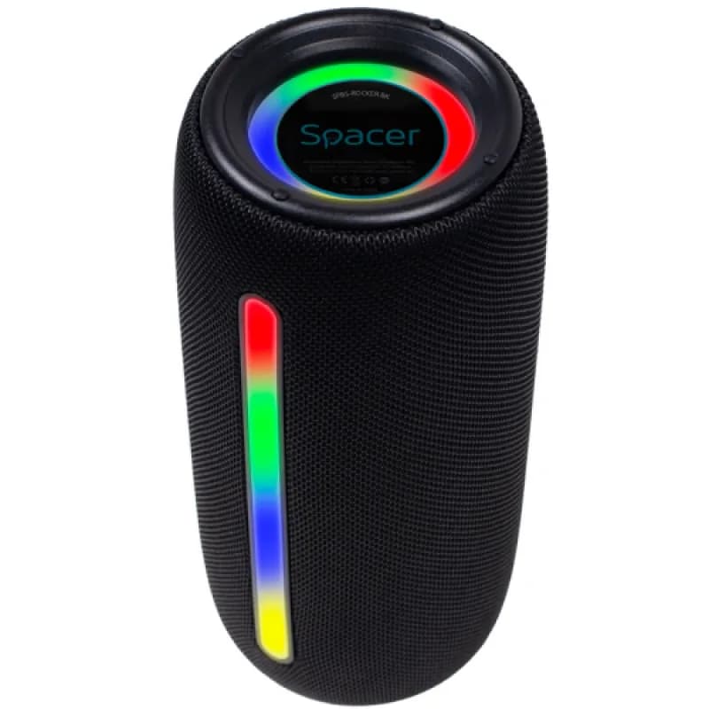 Boxa Spacer portabila bluetooth, ROCKER-BK, RMS: 10W (5W x 2), RGB, acumulator 1800mAh, timp de functionare pana la 5 ore, pana la 10m, AUX, FM radio, microSD, USB, incarcare USB Type-C, negru