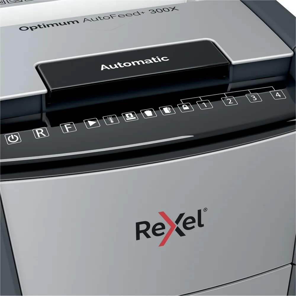 Distrugator automat documente Rexel OPTIMUM 300X, 300 coli, P4, cross-cut (tip confeti), cos 60 litri, negru-gri, "2020300XEU" — miniatură