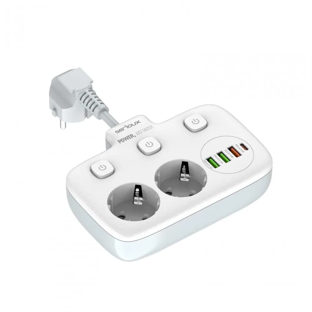 Prelungitor tip priza cu protectie Serioux Quick Charge 3.0, parametri nominali: 2500W-10A(Max) 250V, Intrare: AC100-250V 10A 50/60HZ, Ieșire PD: 5V=3A 9V=2.22A 12V=1.67A 20W (MAX), Ieșire QC: 5V-3A 9V=2A 12V=1.5A 18W (MAX), Ieșire Auto-ID: 5V-2.4A 12W (MAX) Putere totală: 20W MAX — miniatură