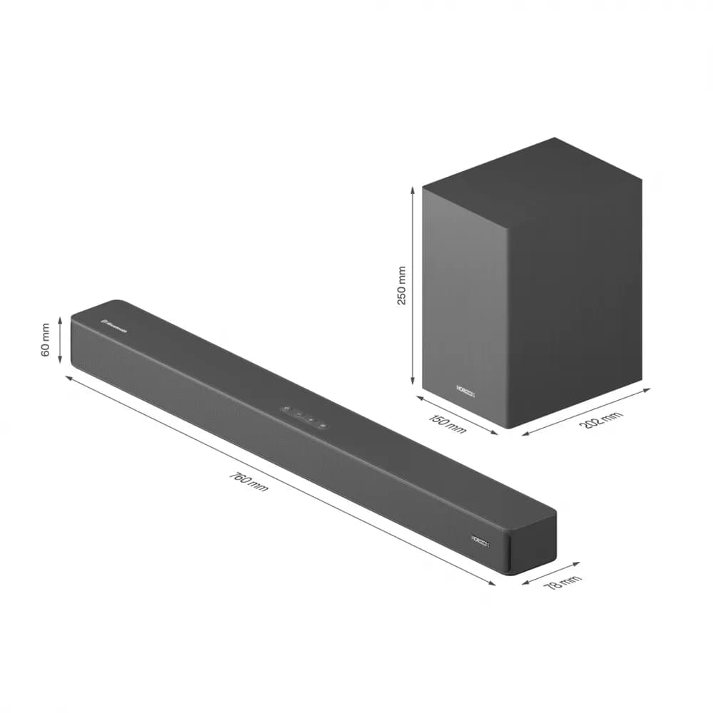 SOUNDBAR HORIZON HAV-S2630W / System 2.1 / Max Audio Power 110W (30W x2 + 50W) / Wireless Subwoofer / Digital Optical / AUX (3.5mm) / HDMI-ARC (CEC) / BT 5.4 / USB Playback / DOT-Matrix Display / Remote + Button Keys / Impedance: 4Ω x2 + 4Ω / Signal to Noise Ratio (SNR): 73dB / Wall- Mount Ready / — miniatură