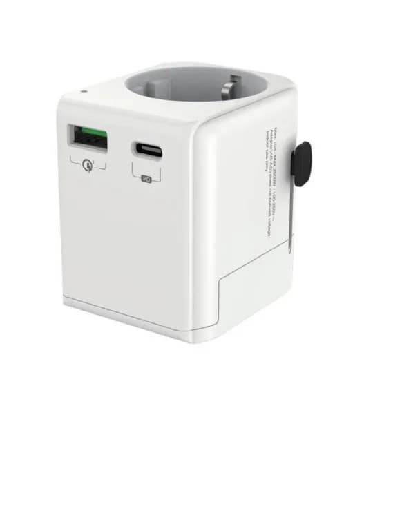 ADAPTOR GEMBIRD, universal, EU la conectori: US/UK/CN/AU, cu impamantare, 1x Schuko, 1x USB Type-C PD 20W, 1x USB-A QC 18W, siguranta 10A, max. 2500W, alb, "TPA-EU1A1C20-01-W" — miniatură