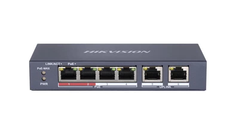 Switch PoE Hikvision DS-3E0106P-E/M(B): 4 x 10/100Mbps PoE port, and 2 × 10/100Mbps RJ45 port, 4 porturi PoE maxim 30W, buget PoE 35W, tensiune alimentare 48 VDC, 0.8 A, dimensiuni: 145 mm × 68.45 mm × 25.6 mm, greutate: 0.27kg, montare pe birou sau pe perete.