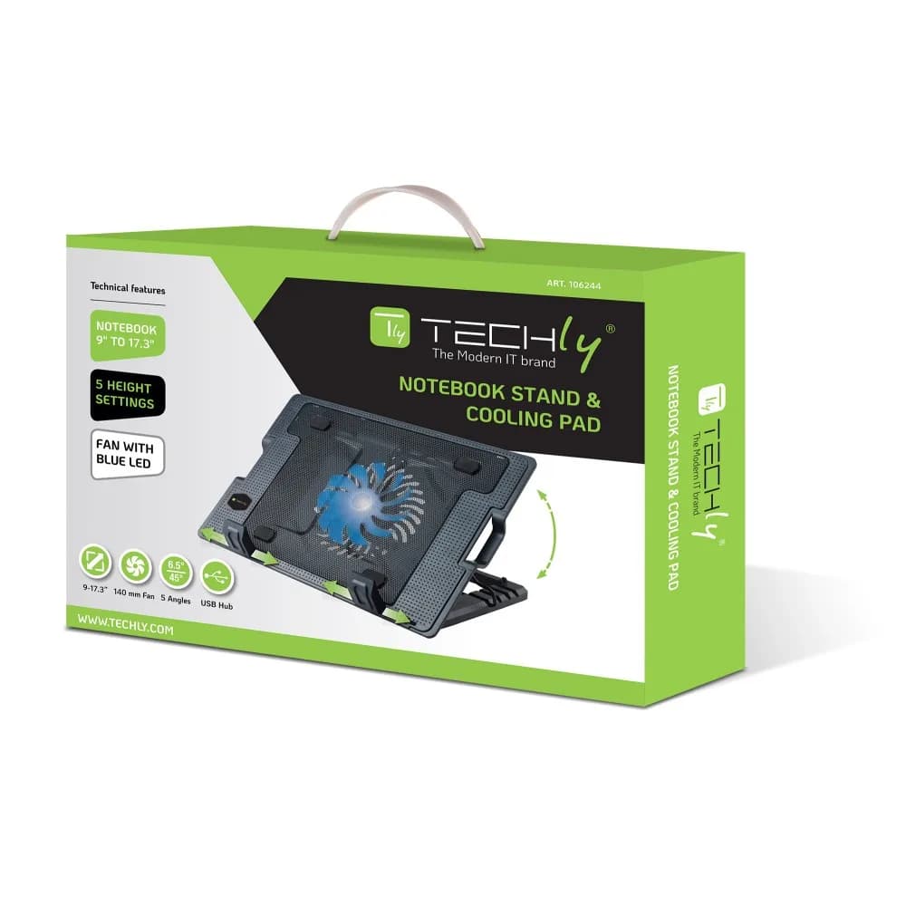 Suport pentru laptop cu sistem de racire, ergonomic, reglabil, iluminat led, 17.3 inch maxim, Negru, Techly, ICOOL-CP12TY "ICOOL-CP12TY" — miniatură