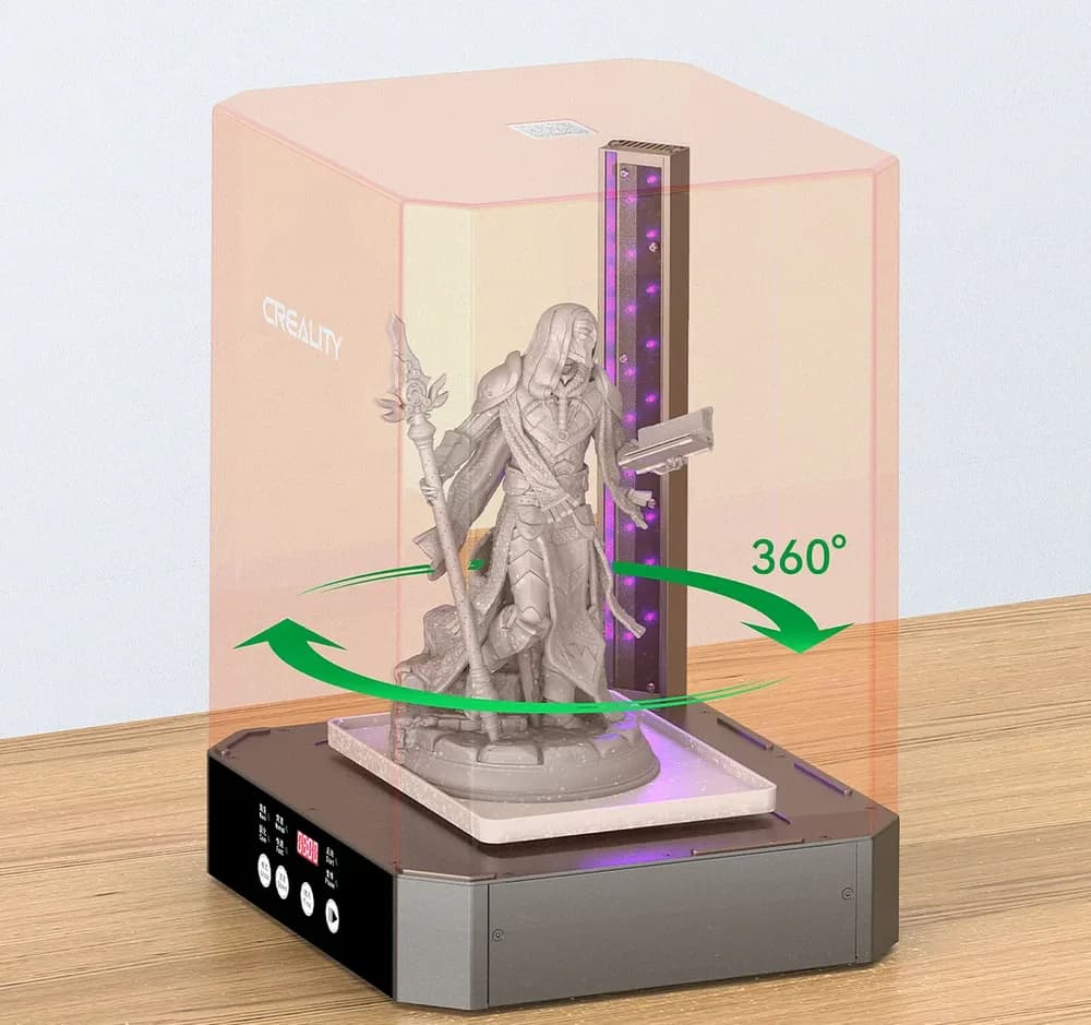 Creality masina de spalat si intarire modele 3D rasina UV, UW-03, timp spalare/intarire: 5-30 min, rand dublu de lampi cu lumina ultraviolet, platorma rotative 360°, dimensiuni maxime spalare:210*160*200mm, dimensiuni maxime uscare si intarire: 215*165*300mm, putere 60W, 2 trepte de viteza — miniatură