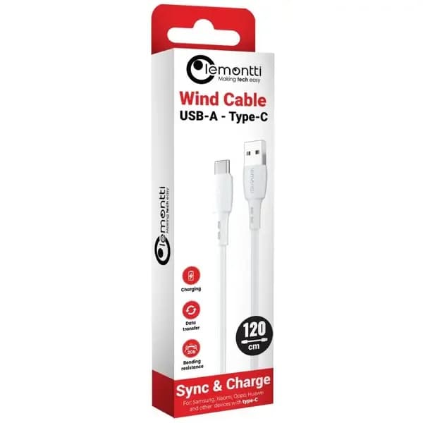 Cablu Lemontti Wind Fast Charge USB-A la Type-C, lungime 1.2m, Alb — miniatură