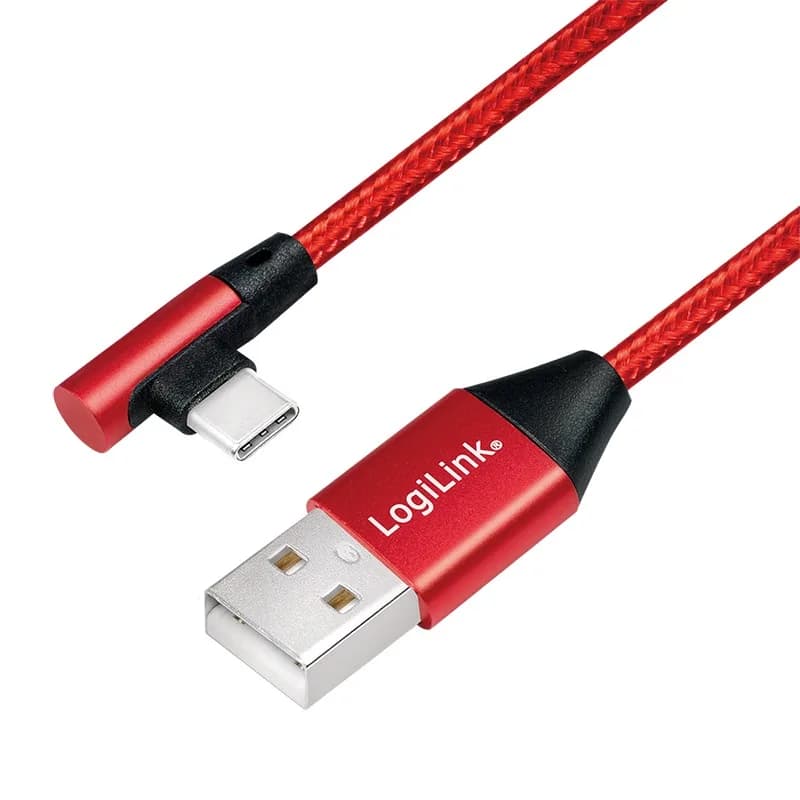 CABLU alimentare si date LOGILINK, pt. smartphone, USB 2.0 (T) la USB 2.0 Type-C (T) la 90 grade, 1m, premium, cablu cu impletire din bumbac, rosu, "CU0146"