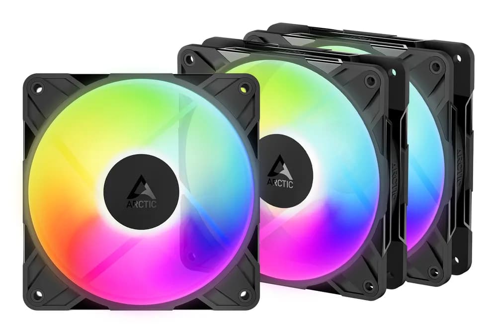 Set 3 ventilatoare Arctic "P12 Pro Reverse A-RGB - 3 Pack", 120mm, 500 - 3000 RPM, FDB, 73 cfm, 4-Pin Fan Plug + 4-Pin/3-Pin A-RGB Plug + 3-Pin Socket, negru, "ACFAN00333A"