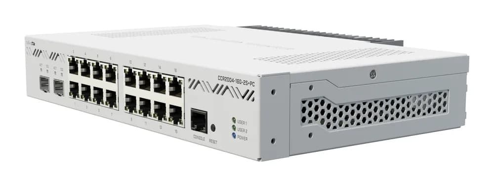 MIKROTIK ETHERNET ROUTER CCR2004-16G-2S+PC, 16 X 10/100/1000, 2XSFP+ Ports, CPU: AL32400 1200Mhz, Dimensiuni: 272 x 195 x 44 mm, Sistem operare:RouterOS v7, 4GB RAM, 128 MB NAND, IP20. — miniatură