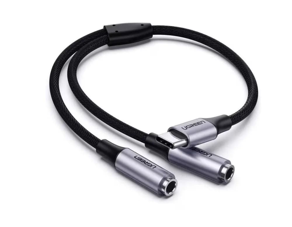 CABLU audio Ugreen, "AV144" USB Type-C (T) la 2 x 3.5 mm jack (M), 0.20 m, argintiu "30732" - 6957303837328 — miniatură