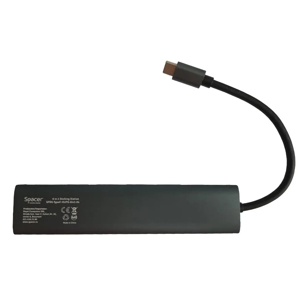 DOCKING Station Spacer universal 6 in 1, conectare Type-C, USB 3.0 x 3 |PD 3.0 x 1 (100W), 1x HDMI 4K (30Hz), 1xRJ45 Gigabit, gri, Aluminiu, "SPDS-TypeC-HUPG-6in1-04" — miniatură