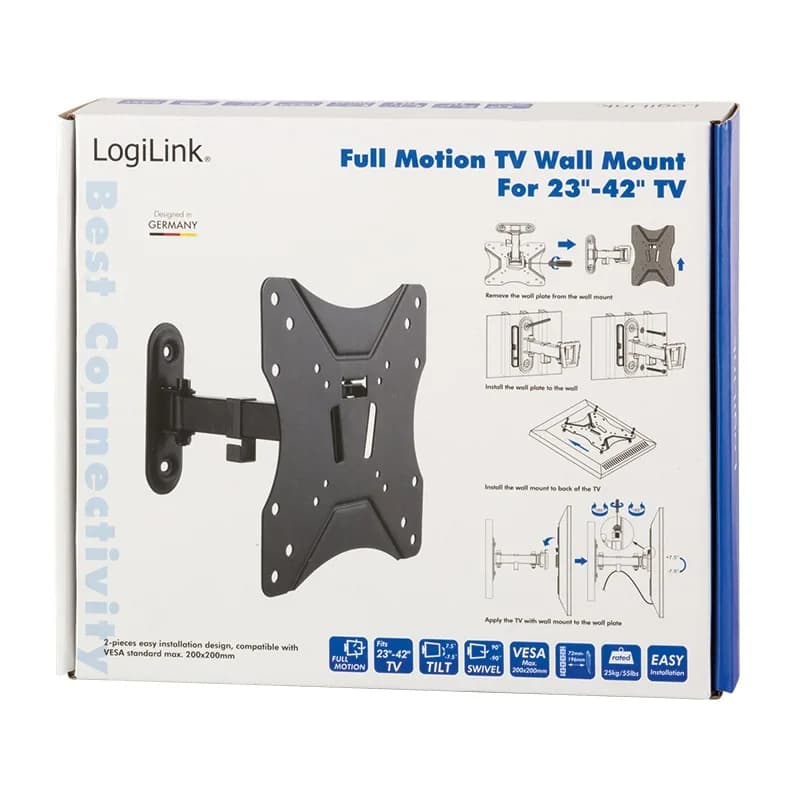 SUPORT de perete LOGILINK, pt 1 TV/monitor plat, diag. max 42 inch, inclinare, pivotare, max 25 Kg, "BP0007" — miniatură