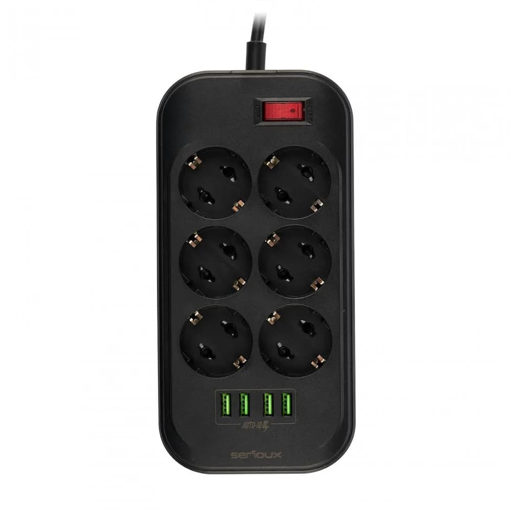 Prelungitor cu protectie Serioux, 6 prize schuko, input 100-240V, 50- 60Hz, output (Total): 2500W - 10A, 4 porturi USB, 4 porturi USB (5V- 3.1A) (Auto Max) 17W, Amperaj port USB (max) 3.4A, functie auto ID, antistatic, buton power/off, lungime cablu 2m,negru, SRXP-PS66B