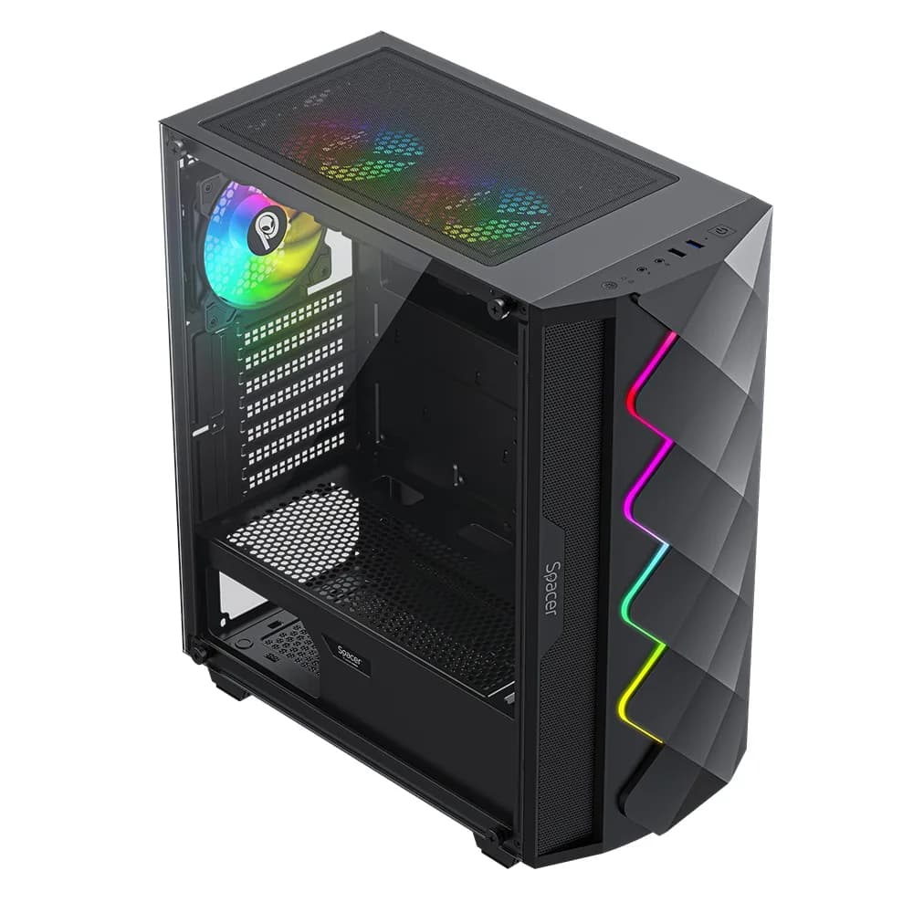CARCASA SPACER - gaming, Middle Tower, ATX, "QUARTZ", fara sursa, sticla securizata, 3 x ARGB fan, banda LED ARGB, USB 2.0 x 1, USB 3.0 x 1, HD-Audio, mesh x 2, black "SPCS-GC-QUARTZ-3F" — miniatură