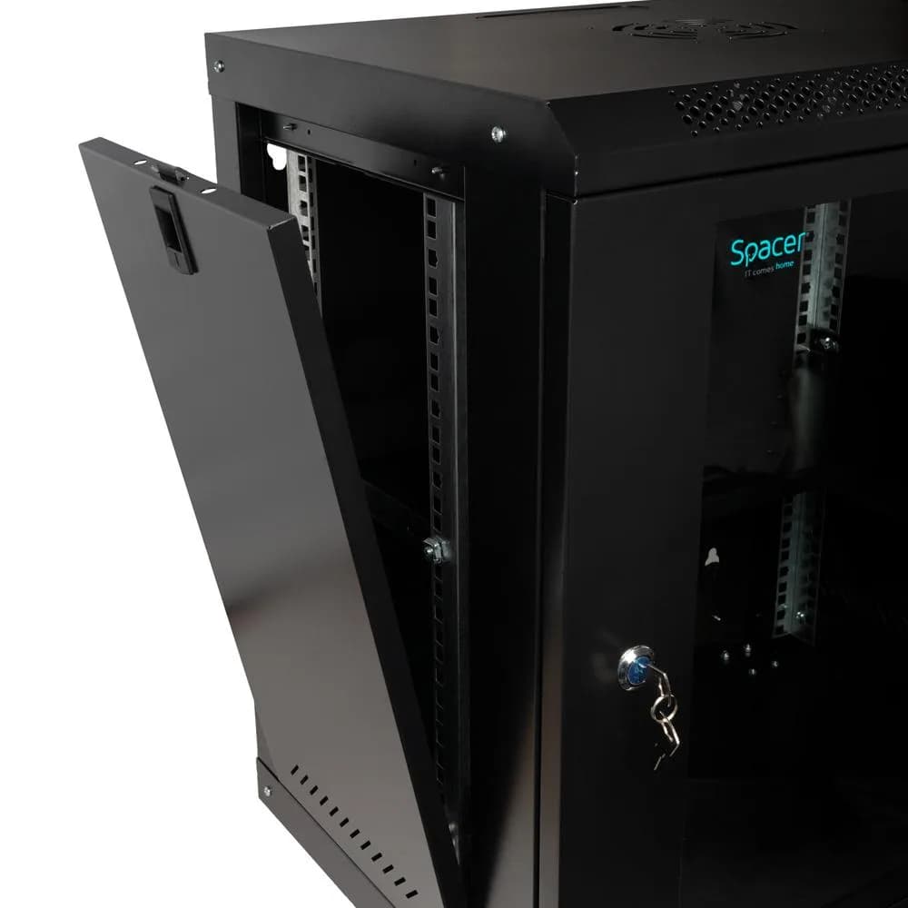 CABINET 19″ SPACER 12U 500x450mm, fixare pe perete, Flatpack (dezasamblat), Black, usa sticla cu blocare, panouri detasabile, otel 1mm, sarcina maxima 25Kg — miniatură