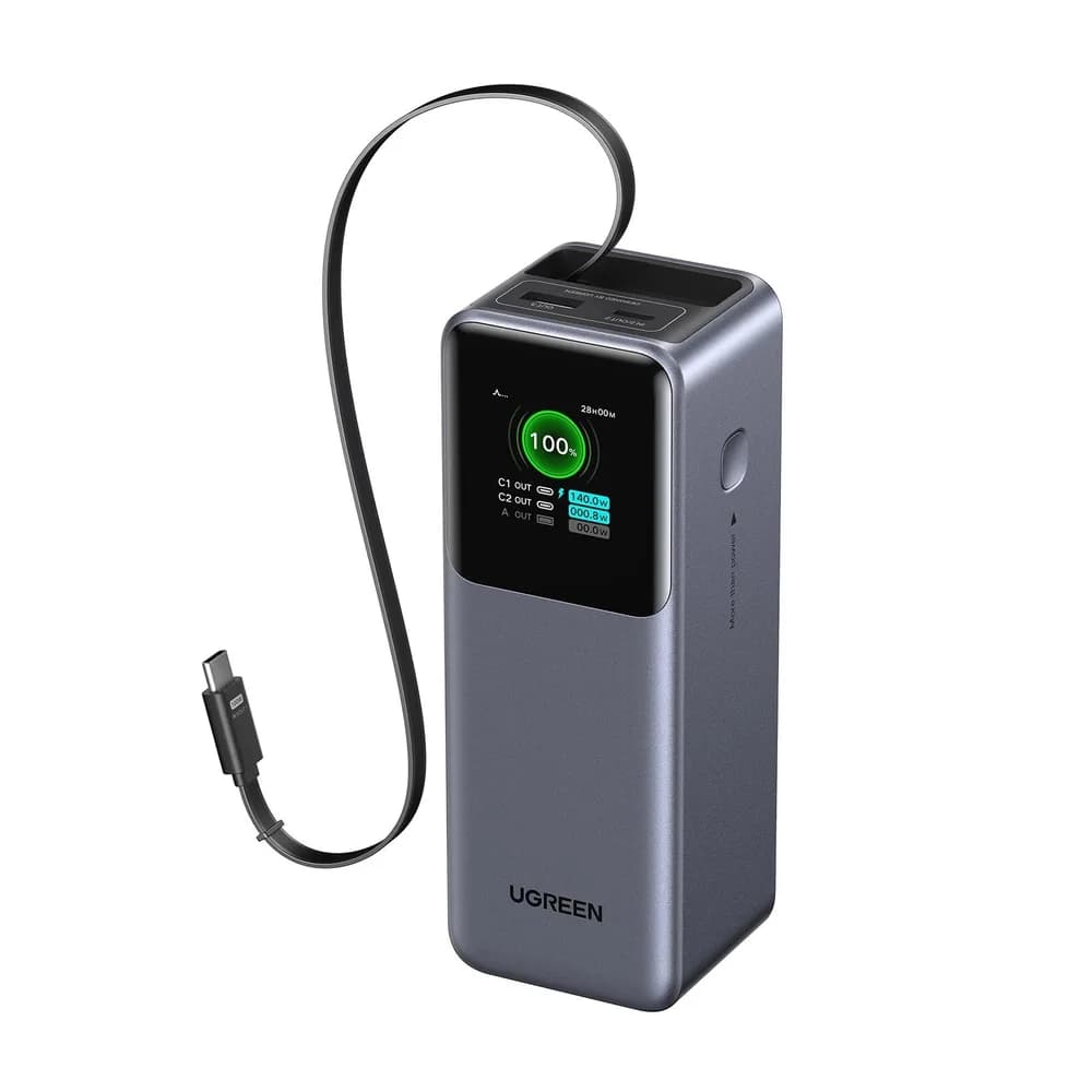 POWER BANK Ugreen "PB726", 20000mAh, 165W PD3.0, 1 x USB, 2 x USB Type-C, 1 x USB Type-C cablu integrat, display, gri, "55987B" — miniatură