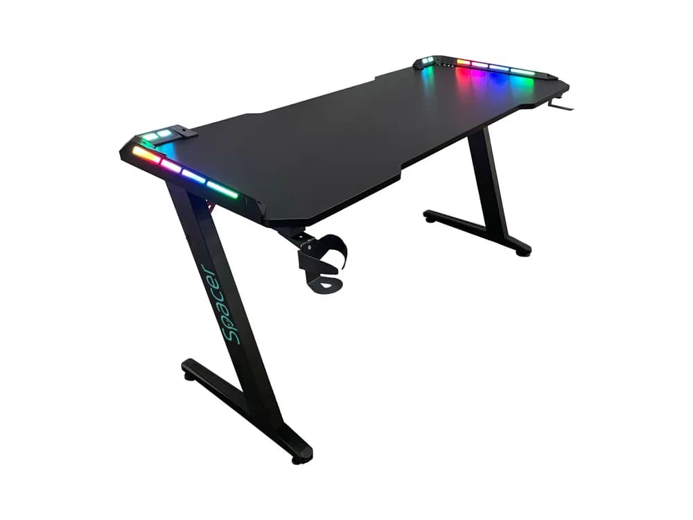 BIROU GAMING Spacer, dimensiuni 1400 x 600 x 18 mm, blat MDF invelit in fibra de carbon, suport casti, suport cana/pahar, picioare reglabile manual, RGB, telecomanda wireless 46501472 "SPGD-RGB-140-01" — miniatură