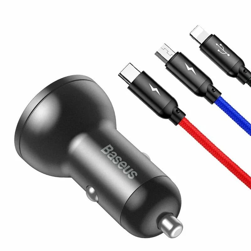 INCARCATOR auto Baseus Digital Display,Quick Charge 24W,2 x USB 5V/4.8A,contine cablu 3 in 1: USB la USB Type-C,microUSB si Lightning de 1.2m, gri "TZCCBX-0G" - 6953156215405 — miniatură